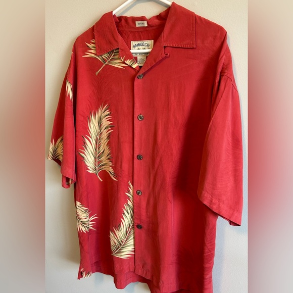 Bamboo Cay Shirt Mens Red Silk Hawaiian Bamboo Leaves Embroidered Relaxed Size L - Picture 3 of 6